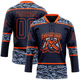 Custom Navy Camo-Orange Digital Camouflage Accent Hockey Lace Neck Jersey
