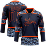 Custom Navy Camo-Orange Digital Camouflage Accent Hockey Lace Neck Jersey
