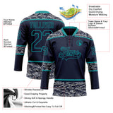 Custom Navy Camo-Teal Digital Camouflage Accent Hockey Lace Neck Jersey