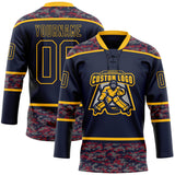 Custom Navy Camo-Gold Digital Camouflage Accent Hockey Lace Neck Jersey
