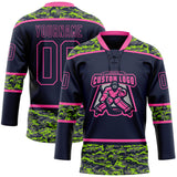 Custom Navy Camo-Pink Digital Camouflage Accent Hockey Lace Neck Jersey