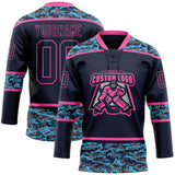 Custom Navy Camo-Pink Digital Camouflage Accent Hockey Lace Neck Jersey