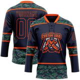 Custom Navy Camo-Orange Digital Camouflage Accent Hockey Lace Neck Jersey