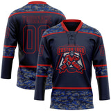 Custom Navy Camo-Red Digital Camouflage Accent Hockey Lace Neck Jersey