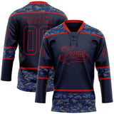 Custom Navy Camo-Red Digital Camouflage Accent Hockey Lace Neck Jersey
