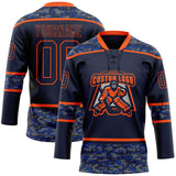 Custom Navy Camo-Orange Digital Camouflage Accent Hockey Lace Neck Jersey