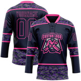 Custom Navy Camo-Pink Digital Camouflage Accent Hockey Lace Neck Jersey
