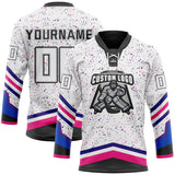 Custom White Black Hot Pink Dark Purple-Gray Paint Splatter Stripe Lace Neck Hockey Jersey
