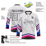 Custom White Black Hot Pink Dark Purple-Gray Paint Splatter Stripe Lace Neck Hockey Jersey