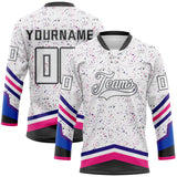 Custom White Black Hot Pink Dark Purple-Gray Paint Splatter Stripe Lace Neck Hockey Jersey