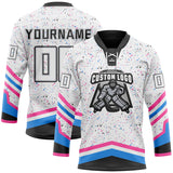 Custom White Black Pink Powder Blue-Gray Paint Splatter Stripe Lace Neck Hockey Jersey