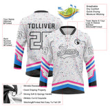 Custom White Black Pink Powder Blue-Gray Paint Splatter Stripe Lace Neck Hockey Jersey