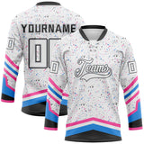 Custom White Black Pink Powder Blue-Gray Paint Splatter Stripe Lace Neck Hockey Jersey