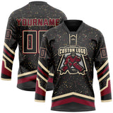Custom Black Old Gold Cream-Crimson Paint Splatter Stripe Lace Neck Hockey Jersey