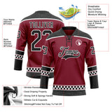 Custom Crimson Black-White Leopard Print Checkered Stripe Lace Neck Hockey Jersey