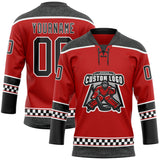 Custom Red Black-White Leopard Print Checkered Stripe Lace Neck Hockey Jersey