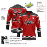 Custom Red Black-White Leopard Print Checkered Stripe Lace Neck Hockey Jersey