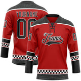 Custom Red Black-White Leopard Print Checkered Stripe Lace Neck Hockey Jersey