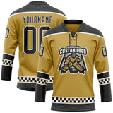 Custom Old Gold Black-White Leopard Print Checkered Stripe Lace Neck Hockey Jersey