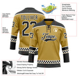 Custom Old Gold Black-White Leopard Print Checkered Stripe Lace Neck Hockey Jersey