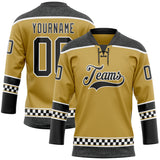 Custom Old Gold Black-White Leopard Print Checkered Stripe Lace Neck Hockey Jersey