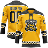 Custom Gold Black-White Leopard Print Checkered Stripe Lace Neck Hockey Jersey