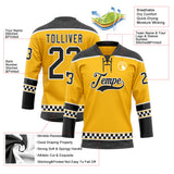 Custom Gold Black-White Leopard Print Checkered Stripe Lace Neck Hockey Jersey