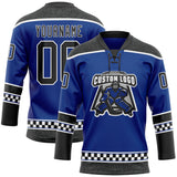 Custom Royal Black-White Leopard Print Checkered Stripe Lace Neck Hockey Jersey