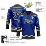 Custom Royal Black-White Leopard Print Checkered Stripe Lace Neck Hockey Jersey