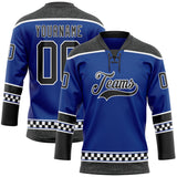 Custom Royal Black-White Leopard Print Checkered Stripe Lace Neck Hockey Jersey