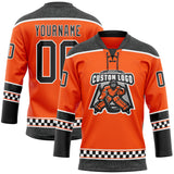 Custom Orange Black-White Leopard Print Checkered Stripe Lace Neck Hockey Jersey