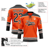 Custom Orange Black-White Leopard Print Checkered Stripe Lace Neck Hockey Jersey