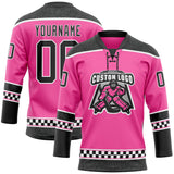 Custom Pink Black-White Leopard Print Checkered Stripe Lace Neck Hockey Jersey