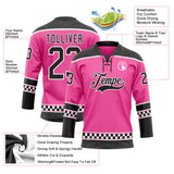 Custom Pink Black-White Leopard Print Checkered Stripe Lace Neck Hockey Jersey
