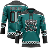 Custom Teal Black-White Leopard Print Checkered Stripe Lace Neck Hockey Jersey