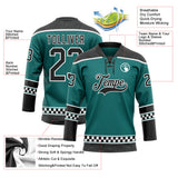 Custom Teal Black-White Leopard Print Checkered Stripe Lace Neck Hockey Jersey