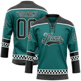 Custom Teal Black-White Leopard Print Checkered Stripe Lace Neck Hockey Jersey