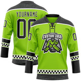 Custom Neon Green Black-White Leopard Print Checkered Stripe Lace Neck Hockey Jersey