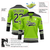 Custom Neon Green Black-White Leopard Print Checkered Stripe Lace Neck Hockey Jersey