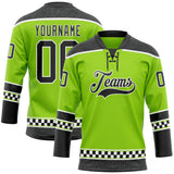 Custom Neon Green Black-White Leopard Print Checkered Stripe Lace Neck Hockey Jersey