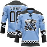 Custom Light Blue Black-White Leopard Print Checkered Stripe Lace Neck Hockey Jersey