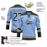 Custom Light Blue Black-White Leopard Print Checkered Stripe Lace Neck Hockey Jersey