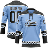 Custom Light Blue Black-White Leopard Print Checkered Stripe Lace Neck Hockey Jersey