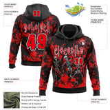 Custom Black Fire Red-White Spooky Halloween Skeleton Splatter Pullover Sweatshirt Hoodie