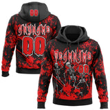Custom Black Fire Red-White Spooky Halloween Skeleton Splatter Pullover Sweatshirt Hoodie