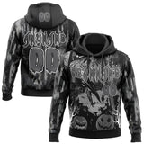 Custom Black Steel Gray-White Spooky Halloween Pumpkins And Raven Pullover Sweatshirt Hoodie
