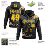 Custom Black Yellow-White Halloween Haunted House Pullover Sweatshirt Hoodie
