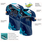 Custom Blue Black-White Bowling Abstract Performance T-Shirt
