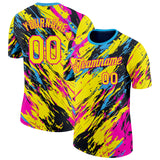 Custom Yellow Hot Pink-Blue Bowling Graffiti Performance T-Shirt