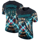 Custom Black Blue-Lakes Blue Axe Throwing Lightning Performance T-Shirt